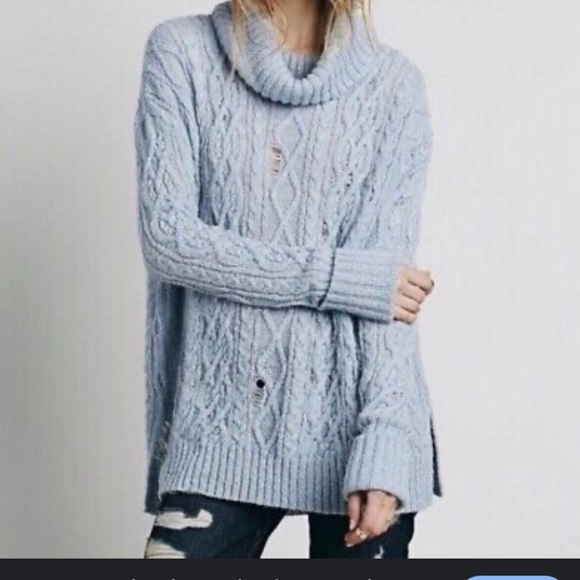 Free People Sweater Complex Cable Turtleneck blue boho $138 knit spring classic - Picture 8 of 8